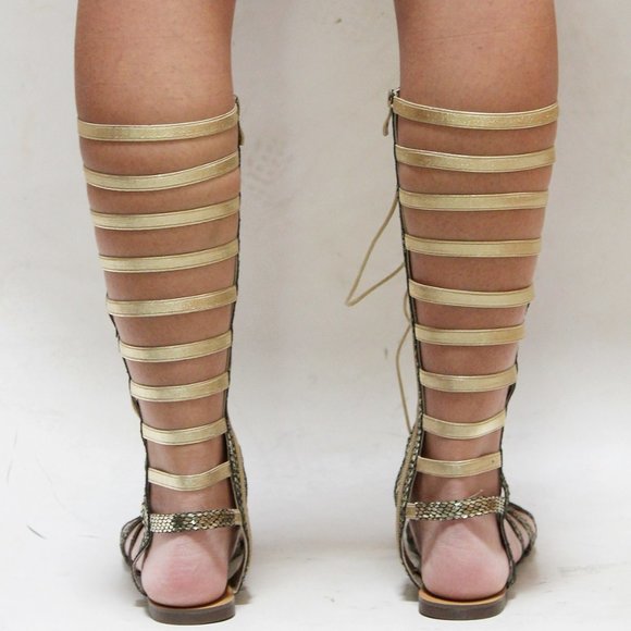 New Gold Elastic Lace Up Gladiator Knee High Sandals - Picture 3 of 3